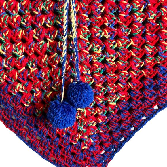 Handmade Vintage Poncho Kids Poncho Cape Drawstring Pom Pom Heavyweight Shawl - Picture 6 of 11